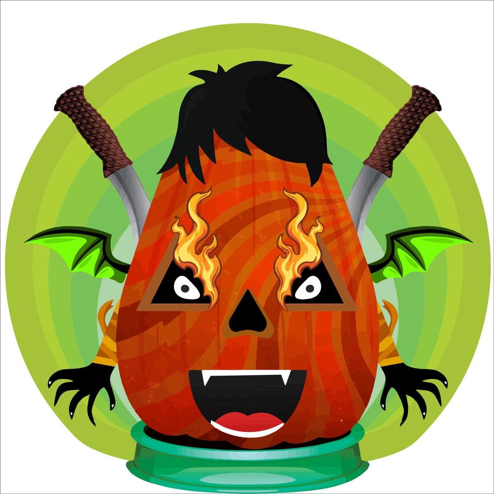Creepy Party Halloween Pumpkin Head. Pumpkin Face with Weapon in the Behind. Suitable for E Sport Logo, T-Shirt and Others Print Stuff. vector