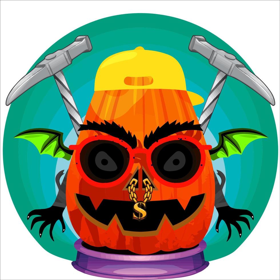 fiesta espeluznante cabeza de calabaza de halloween. cara de calabaza con arma en la espalda. adecuado para el logotipo del deporte electrónico, la camiseta y otras cosas impresas. vector