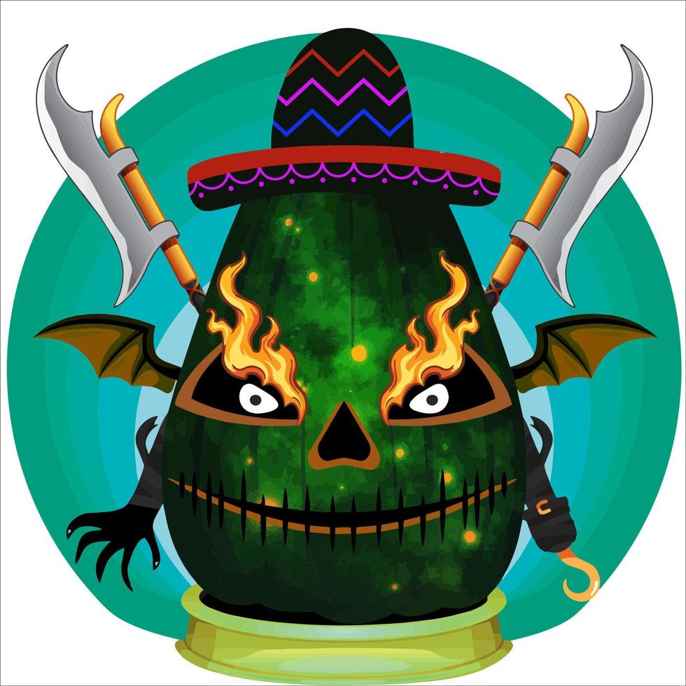 fiesta espeluznante cabeza de calabaza de halloween. cara de calabaza con arma en la espalda. adecuado para el logotipo del deporte electrónico, la camiseta y otras cosas impresas. vector