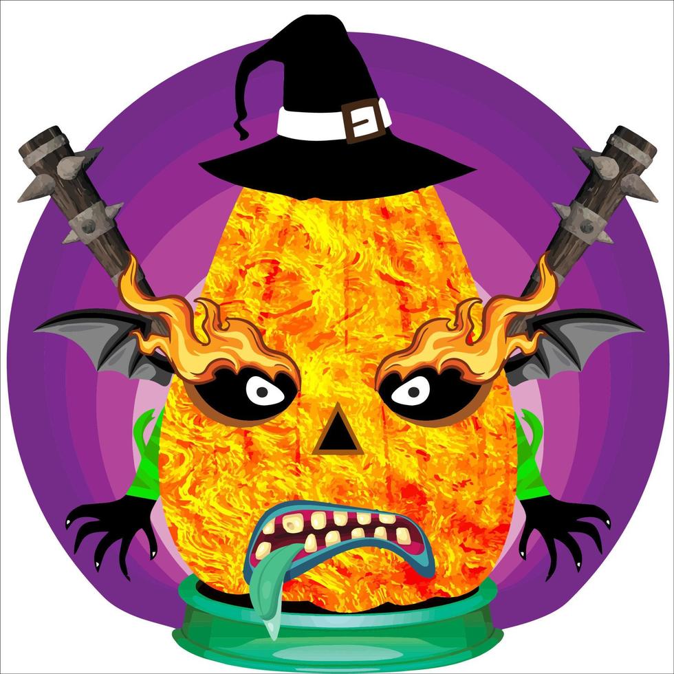 fiesta espeluznante cabeza de calabaza de halloween. cara de calabaza con arma en la espalda. adecuado para el logotipo del deporte electrónico, la camiseta y otras cosas impresas. vector