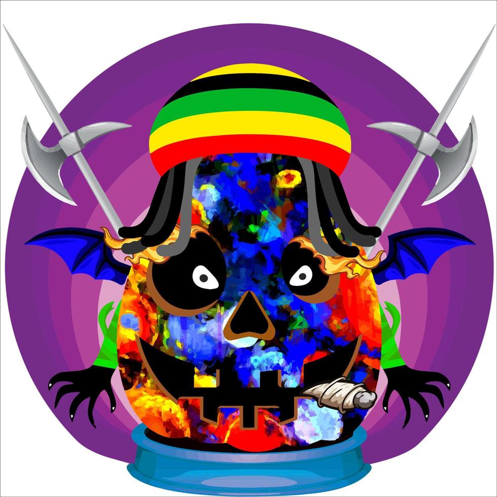 fiesta espeluznante cabeza de calabaza de halloween. cara de calabaza con arma en la espalda. adecuado para el logotipo del deporte electrónico, la camiseta y otras cosas impresas. vector