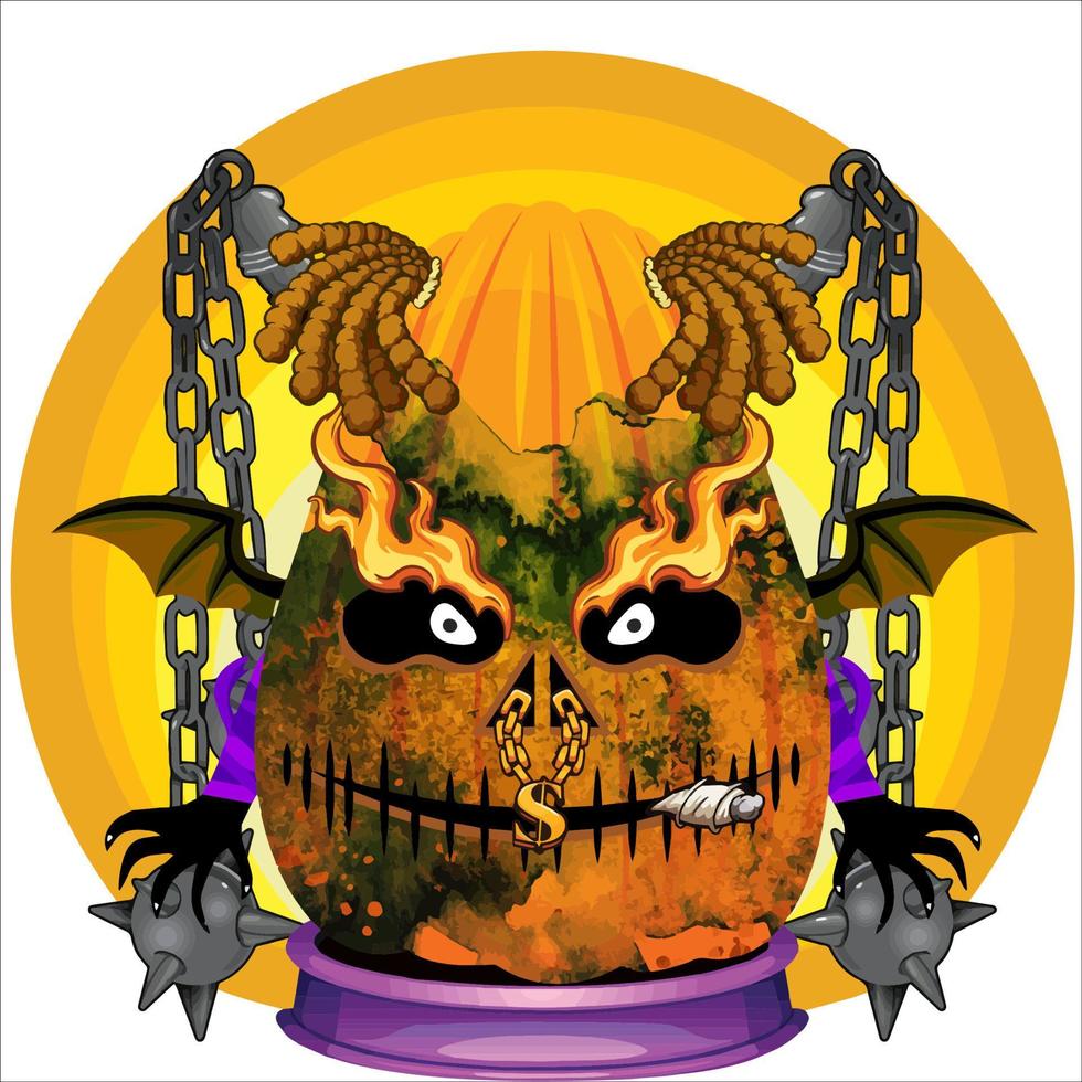 fiesta espeluznante cabeza de calabaza de halloween. cara de calabaza con arma en la espalda. adecuado para el logotipo del deporte electrónico, la camiseta y otras cosas impresas. vector