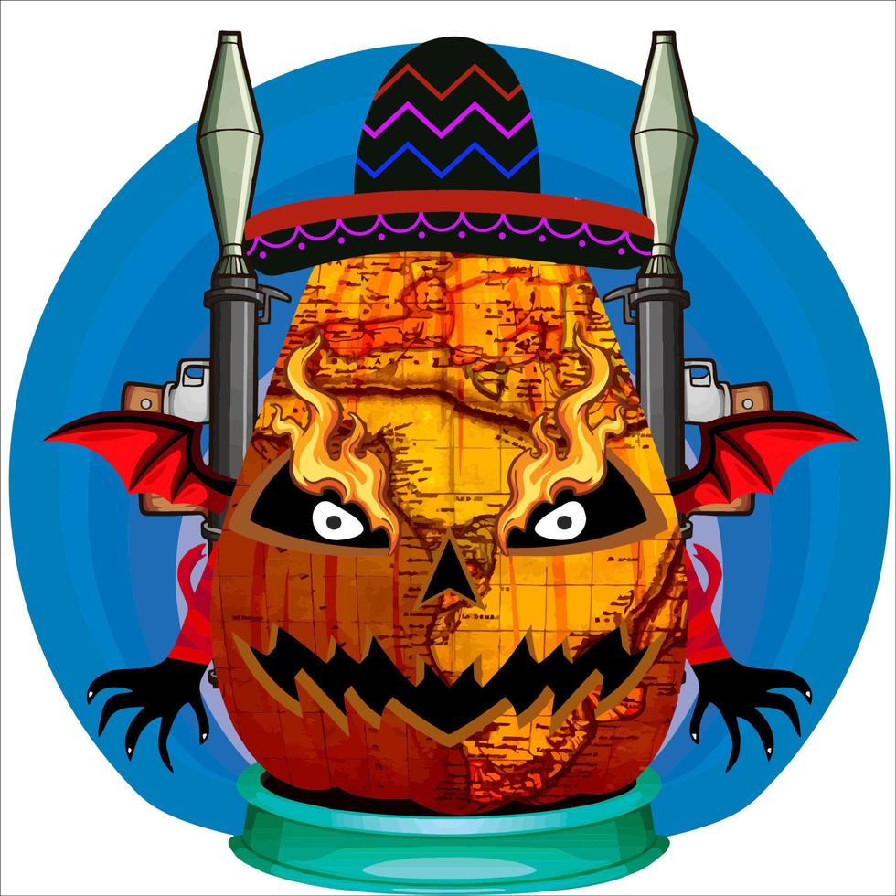 fiesta espeluznante cabeza de calabaza de halloween. cara de calabaza con arma en la espalda. adecuado para el logotipo del deporte electrónico, la camiseta y otras cosas impresas. vector