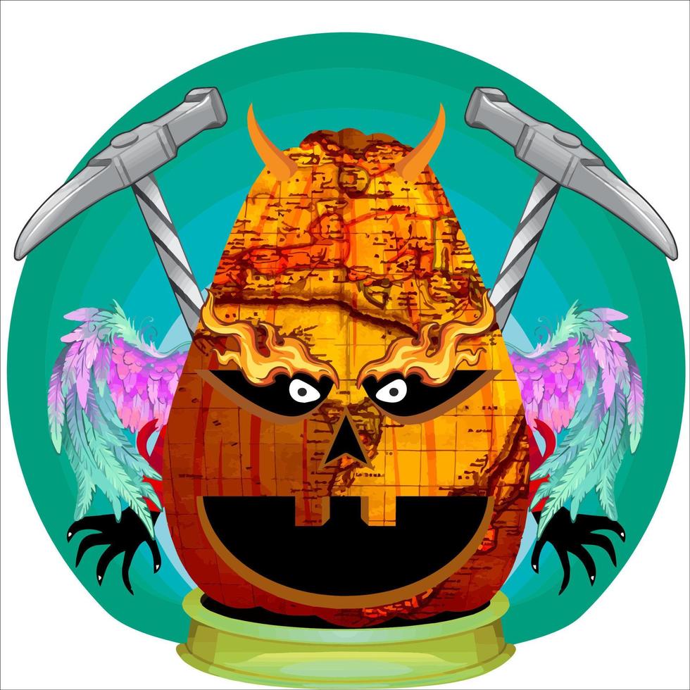 Creepy Party Halloween Pumpkin Head. Pumpkin Face with Weapon in the Behind. Suitable for E Sport Logo, T-Shirt and Others Print Stuff. vector