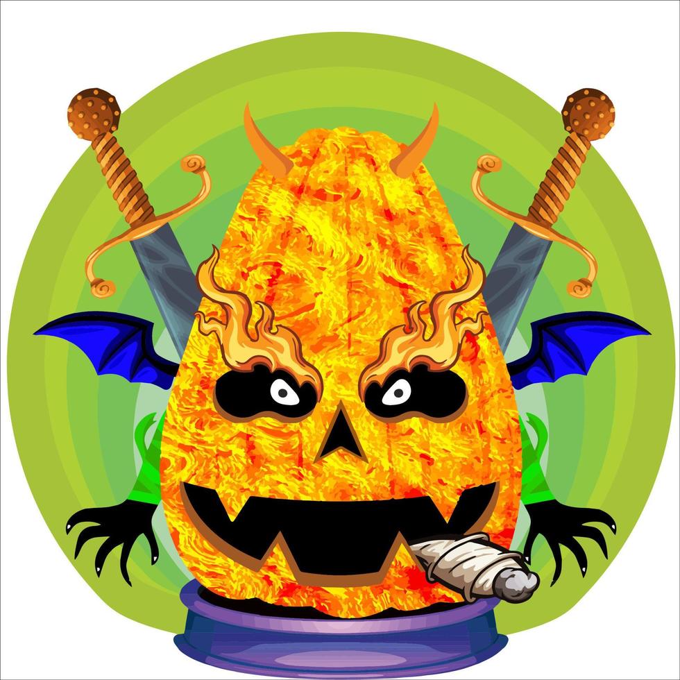 Creepy Party Halloween Pumpkin Head. Pumpkin Face with Weapon in the Behind. Suitable for E Sport Logo, T-Shirt and Others Print Stuff. vector