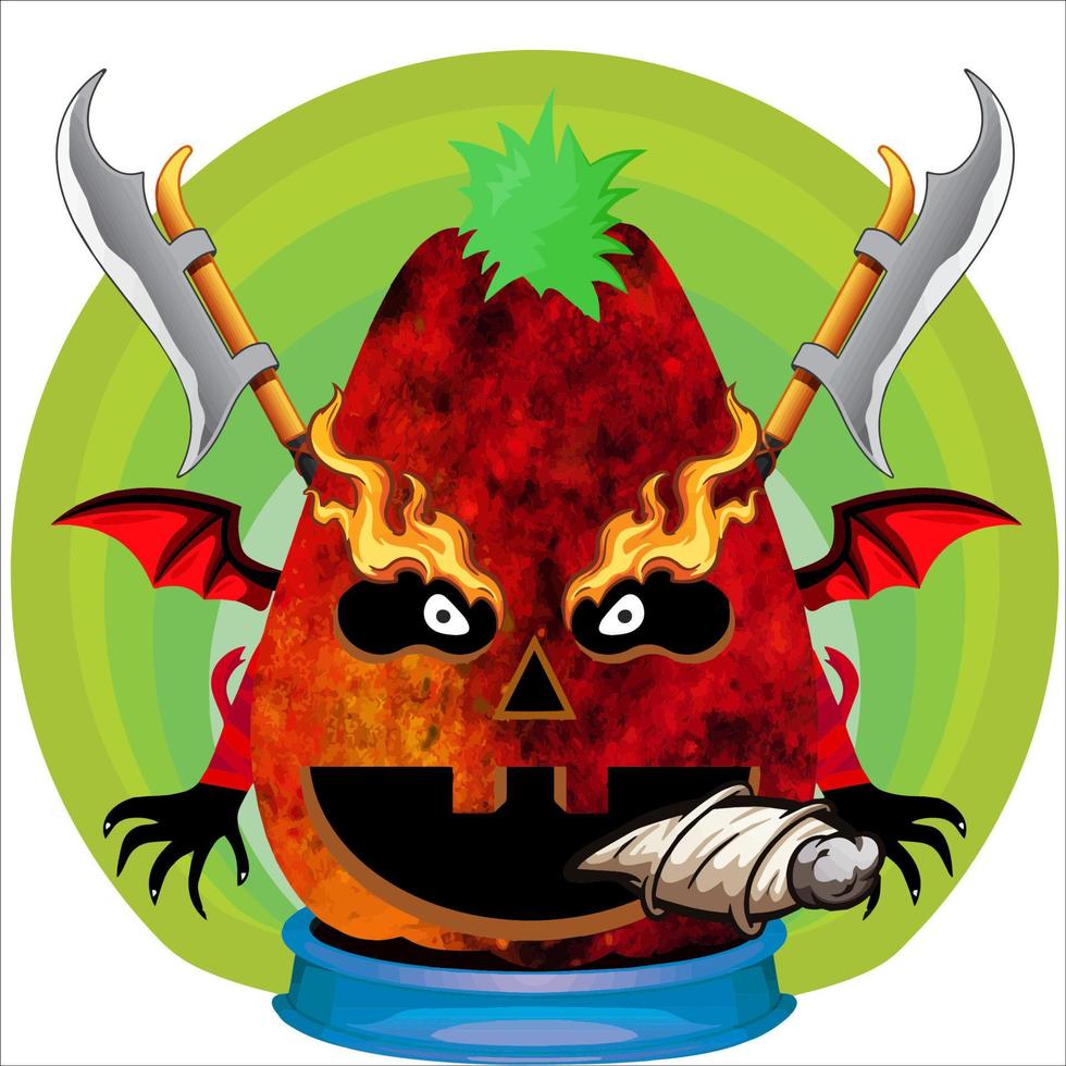 Creepy Party Halloween Pumpkin Head. Pumpkin Face with Weapon in the Behind. Suitable for E Sport Logo, T-Shirt and Others Print Stuff. vector