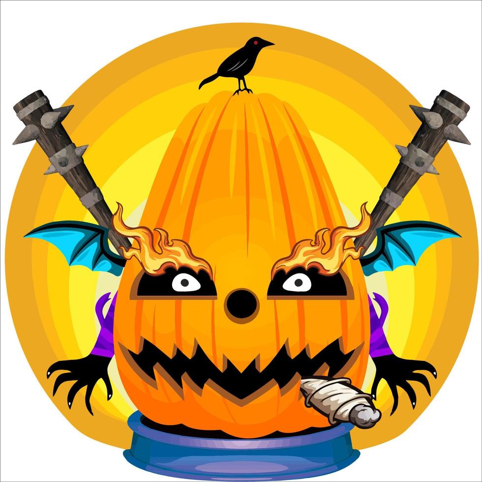 Creepy Party Halloween Pumpkin Head. Pumpkin Face with Weapon in the Behind. Suitable for E Sport Logo, T-Shirt and Others Print Stuff. vector