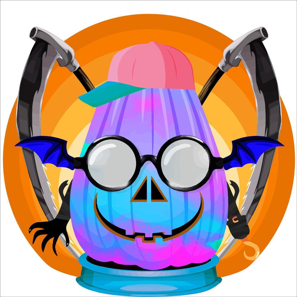 fiesta espeluznante cabeza de calabaza de halloween. cara de calabaza con arma en la espalda. adecuado para el logotipo del deporte electrónico, la camiseta y otras cosas impresas. vector