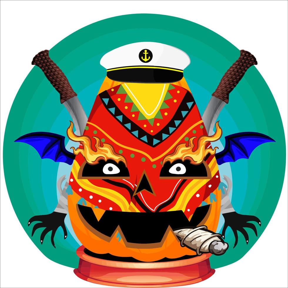 Creepy Party Halloween Pumpkin Head. Pumpkin Face with Weapon in the Behind. Suitable for E Sport Logo, T-Shirt and Others Print Stuff. vector