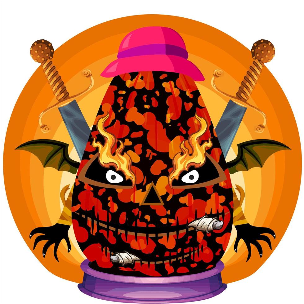 Creepy Party Halloween Pumpkin Head. Pumpkin Face with Weapon in the Behind. Suitable for E Sport Logo, T-Shirt and Others Print Stuff. vector