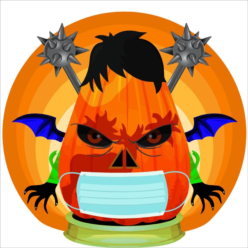Creepy Party Halloween Pumpkin Head. Pumpkin Face with Weapon in the Behind. Suitable for E Sport Logo, T-Shirt and Others Print Stuff. vector