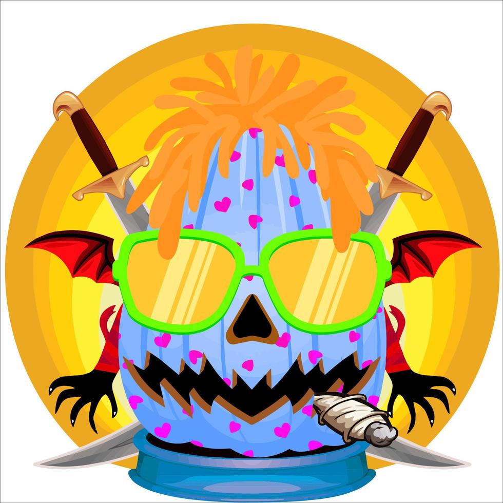Creepy Party Halloween Pumpkin Head. Pumpkin Face with Weapon in the Behind. Suitable for E Sport Logo, T-Shirt and Others Print Stuff. vector