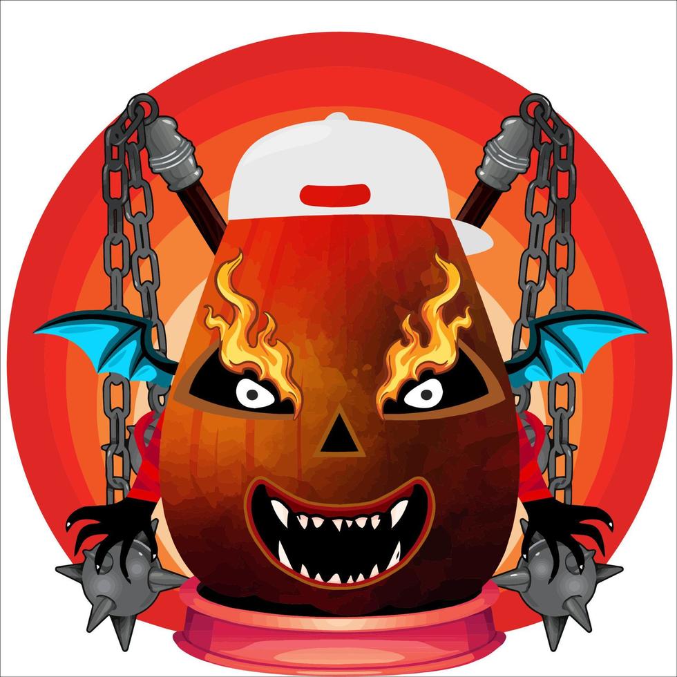 fiesta espeluznante cabeza de calabaza de halloween. cara de calabaza con arma en la espalda. adecuado para el logotipo del deporte electrónico, la camiseta y otras cosas impresas. vector