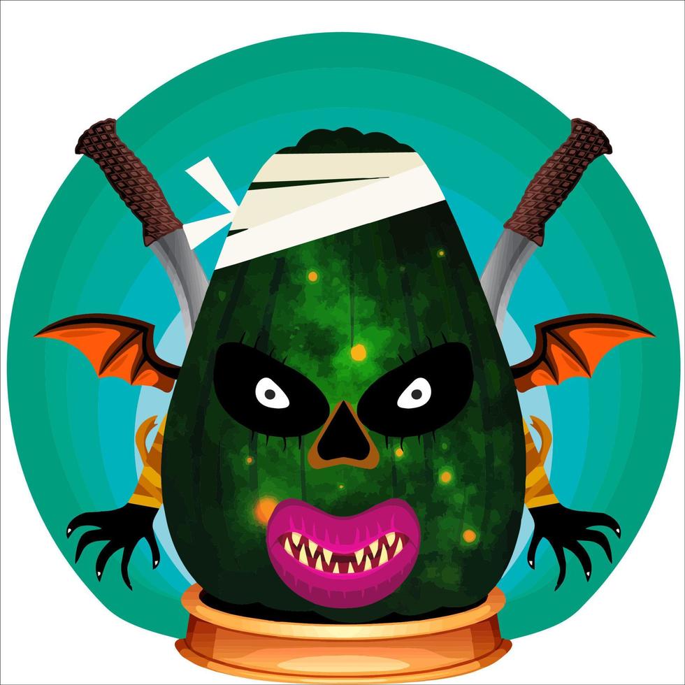 Creepy Party Halloween Pumpkin Head with Weapon in the Behind. Halloween Pumpkin Face. Suitable for E Sport Logo, T Shirt and Others vector