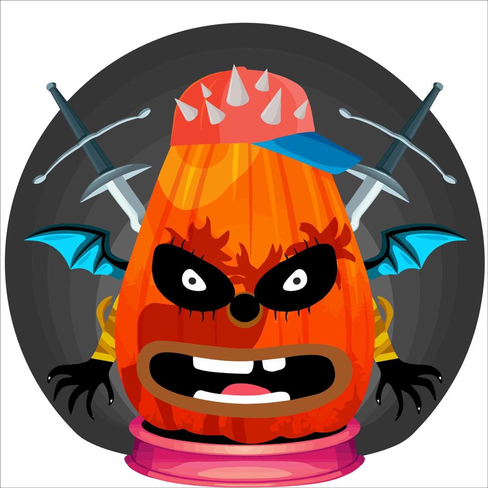 Creepy Party Halloween Pumpkin Head. Pumpkin Face with Weapon in the Behind. Suitable for E Sport Logo, T-Shirt and Others Print Stuff. vector