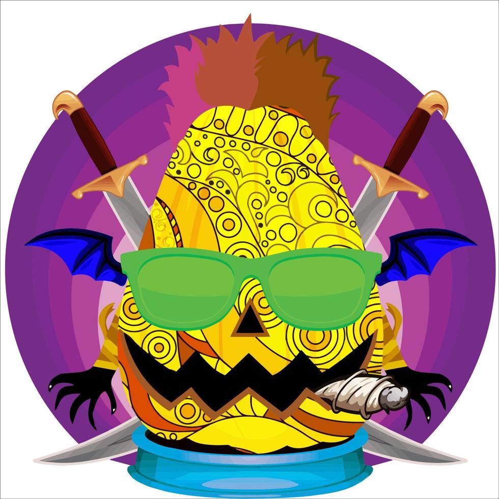 fiesta espeluznante cabeza de calabaza de halloween. cara de calabaza con arma en la espalda. adecuado para el logotipo del deporte electrónico, la camiseta y otras cosas impresas. vector