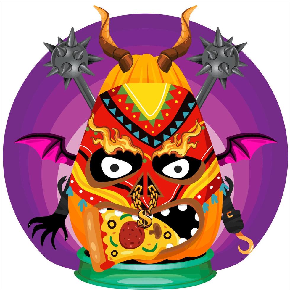 Creepy Party Halloween Pumpkin Head. Pumpkin Face with Weapon in the Behind. Suitable for E Sport Logo, T-Shirt and Others Print Stuff. vector