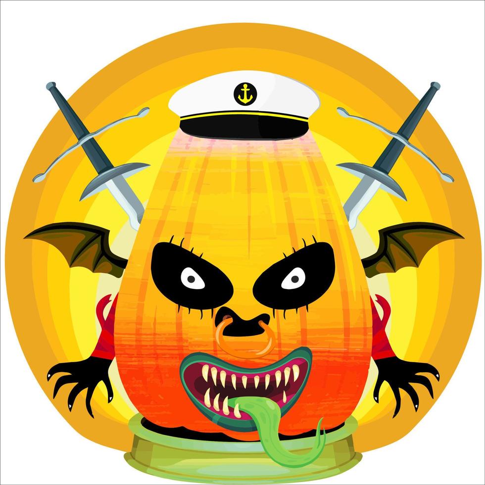 fiesta espeluznante cabeza de calabaza de halloween. cara de calabaza con arma en la espalda. adecuado para el logotipo del deporte electrónico, la camiseta y otras cosas impresas. vector