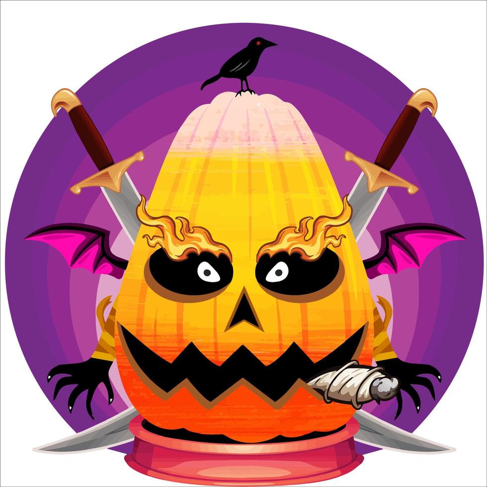 fiesta espeluznante cabeza de calabaza de halloween. cara de calabaza con arma en la espalda. adecuado para el logotipo del deporte electrónico, la camiseta y otras cosas impresas. vector