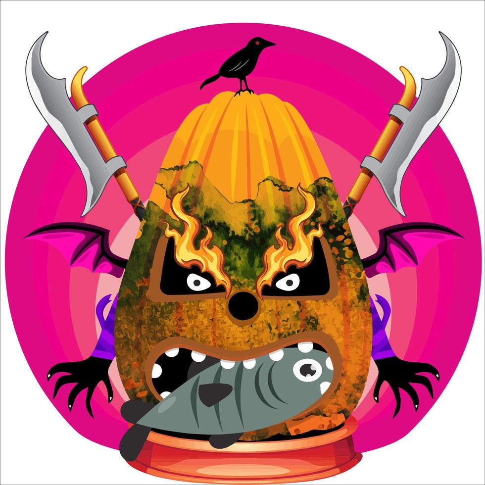 Creepy Party Halloween Pumpkin Head. Pumpkin Face with Weapon in the Behind. Suitable for E Sport Logo, T-Shirt and Others Print Stuff. vector