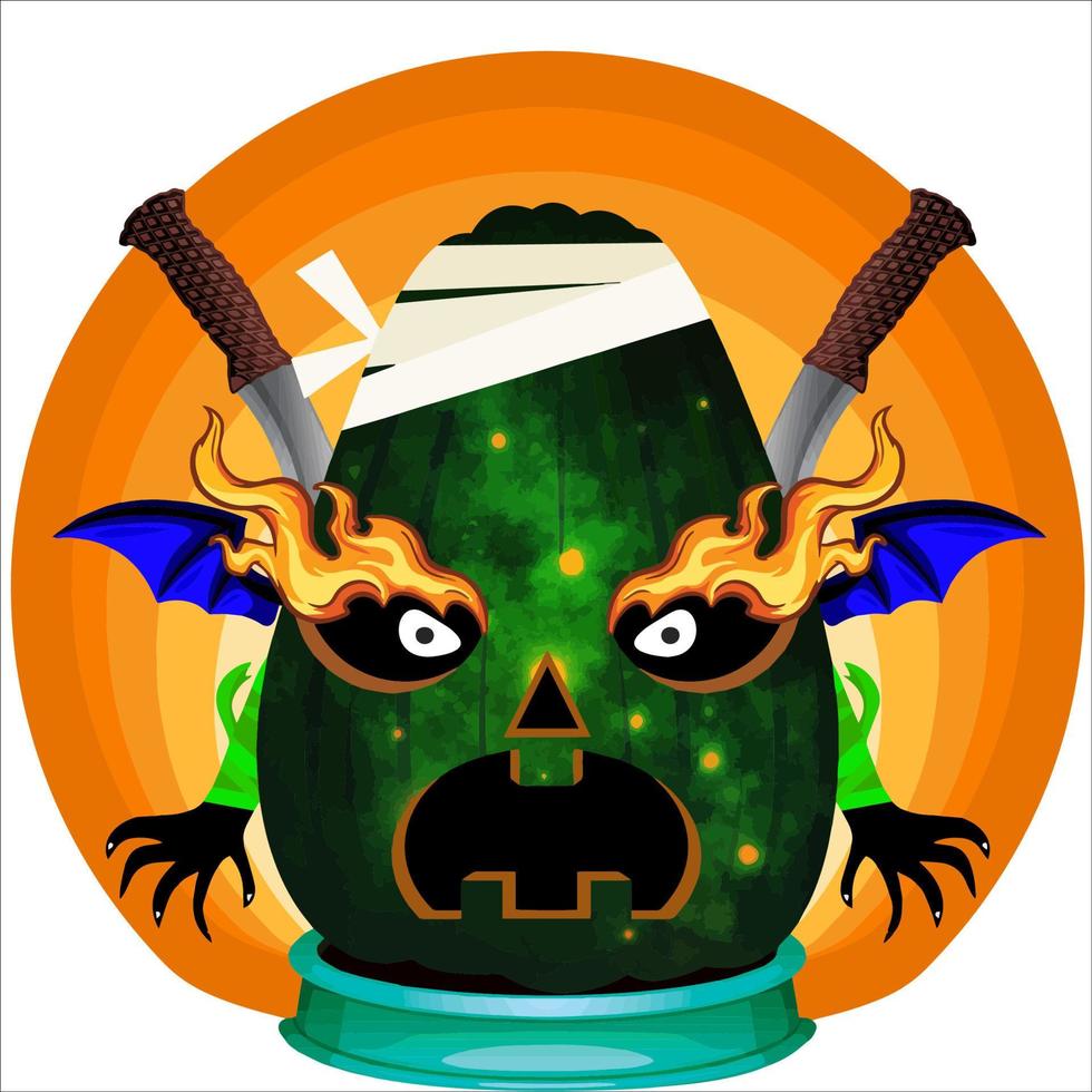 Creepy Party Halloween Pumpkin Head. Pumpkin Face with Weapon in the Behind. Suitable for E Sport Logo, T-Shirt and Others Print Stuff. vector