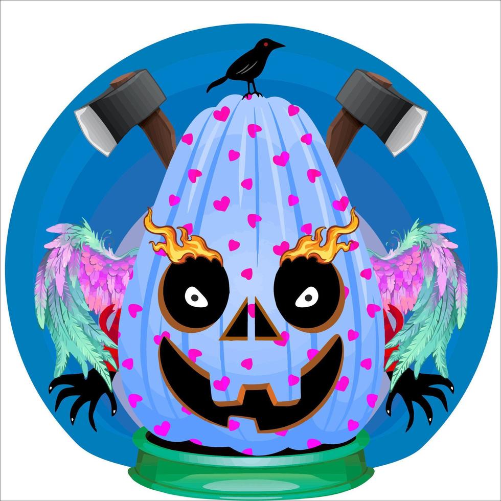 Creepy Party Halloween Pumpkin Head. Pumpkin Face with Weapon in the Behind. Suitable for E Sport Logo, T-Shirt and Others Print Stuff. vector