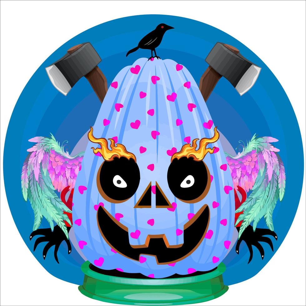 fiesta espeluznante cabeza de calabaza de halloween. cara de calabaza con arma en la espalda. adecuado para el logotipo del deporte electrónico, la camiseta y otras cosas impresas. vector