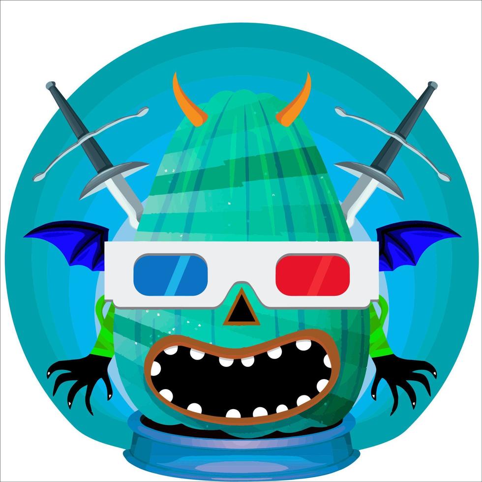 Creepy Party Halloween Pumpkin Head. Pumpkin Face with Weapon in the Behind. Suitable for E Sport Logo, T-Shirt and Others Print Stuff. vector