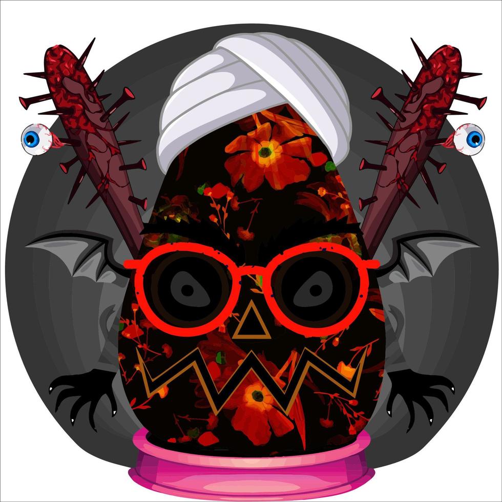 fiesta espeluznante cabeza de calabaza de halloween. cara de calabaza con arma en la espalda. adecuado para el logotipo del deporte electrónico, la camiseta y otras cosas impresas. vector