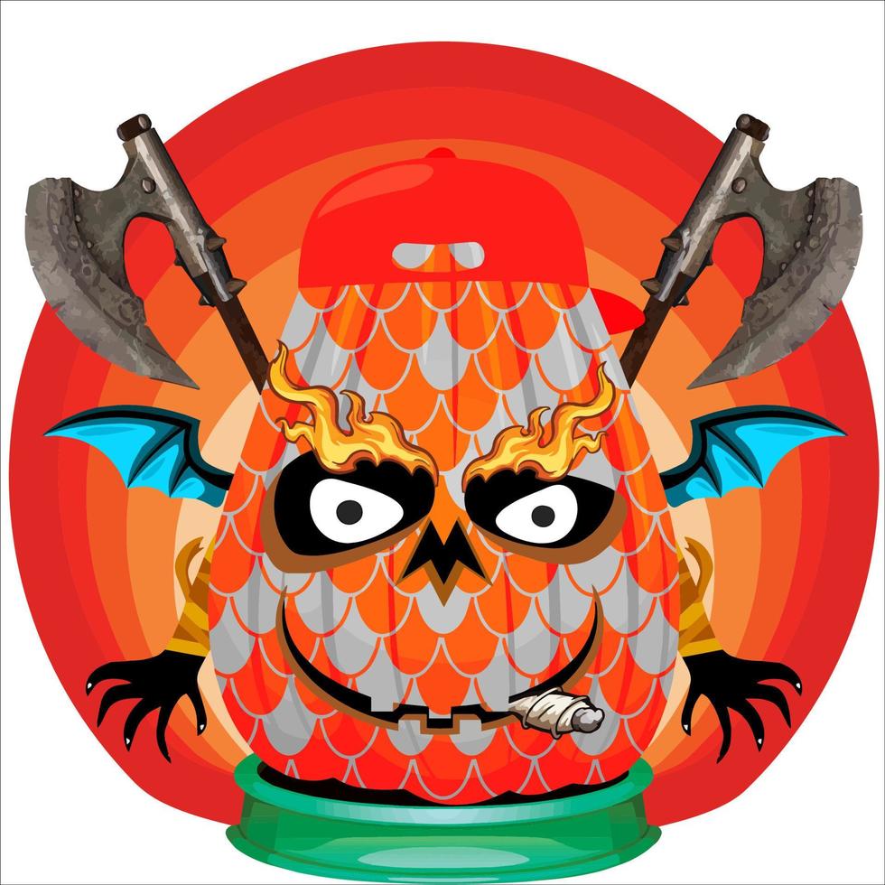 Creepy Party Halloween Pumpkin Head. Pumpkin Face with Weapon in the Behind. Suitable for E Sport Logo, T-Shirt and Others Print Stuff. vector