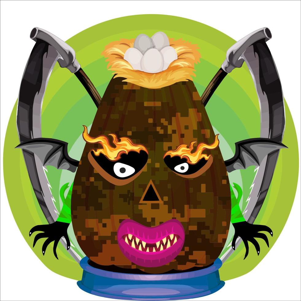 fiesta espeluznante cabeza de calabaza de halloween. cara de calabaza con arma en la espalda. adecuado para el logotipo del deporte electrónico, la camiseta y otras cosas impresas. vector