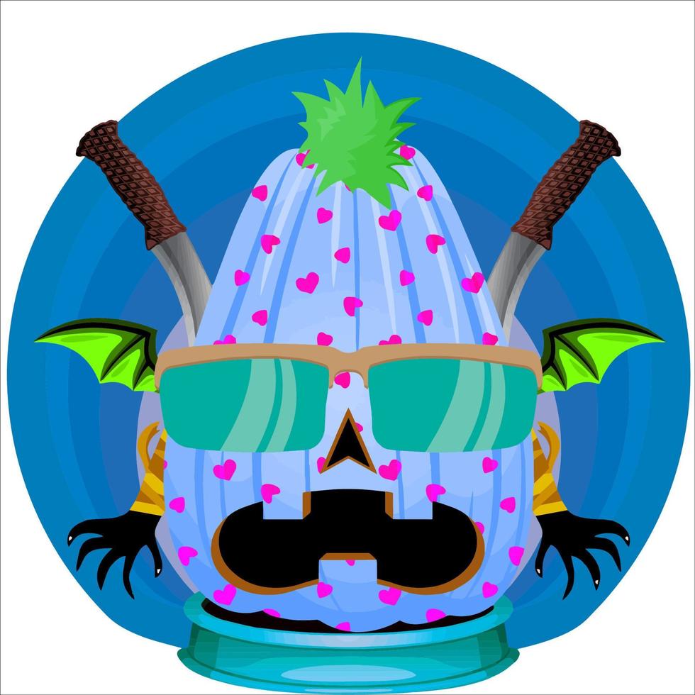 fiesta espeluznante cabeza de calabaza de halloween. cara de calabaza con arma en la espalda. adecuado para el logotipo del deporte electrónico, la camiseta y otras cosas impresas. vector