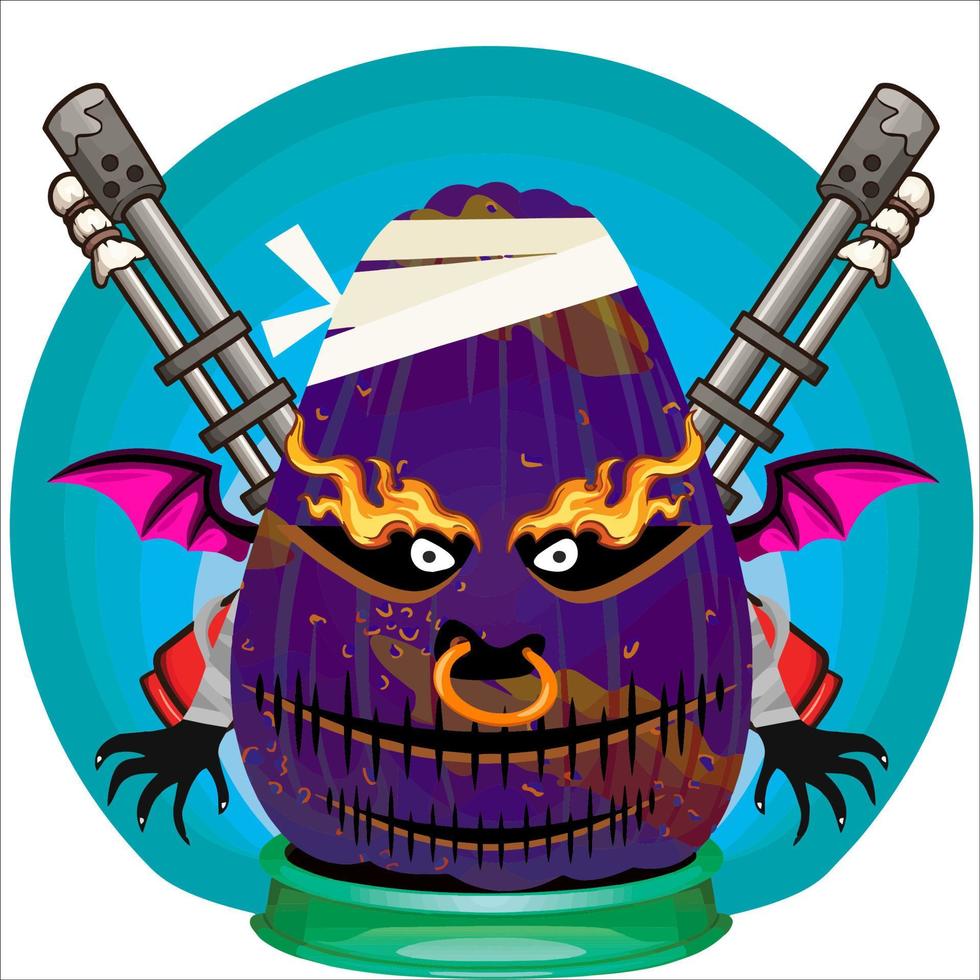 Creepy Party Halloween Pumpkin Head. Pumpkin Face with Weapon in the Behind. Suitable for E Sport Logo, T-Shirt and Others Print Stuff. vector