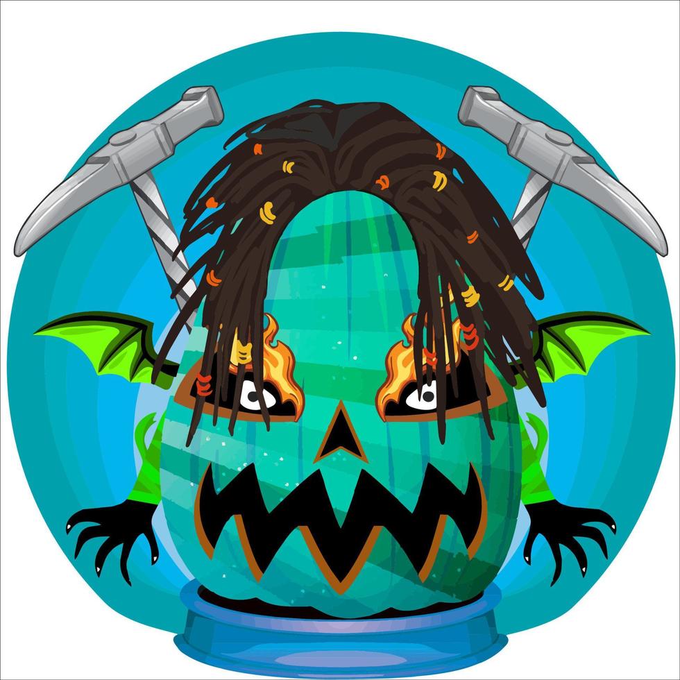 Creepy Party Halloween Pumpkin Head. Pumpkin Face with Weapon in the Behind. Suitable for E Sport Logo, T-Shirt and Others Print Stuff. vector