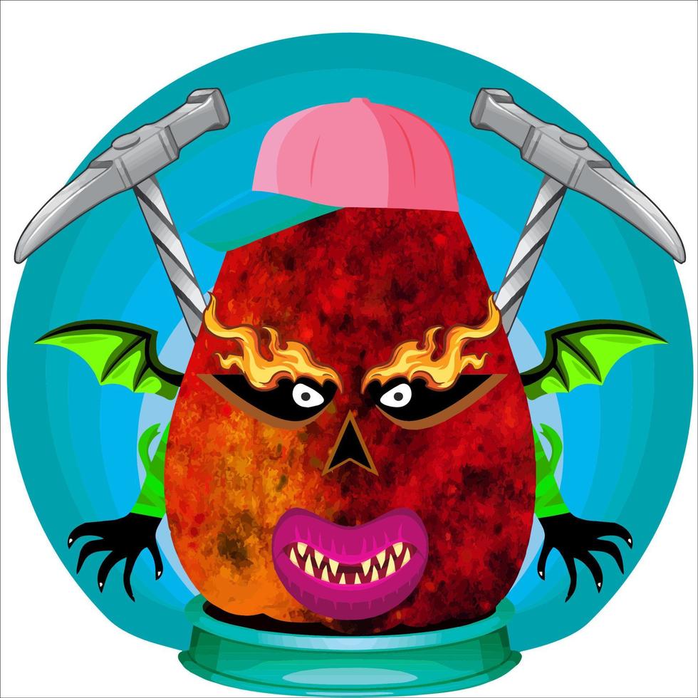 fiesta espeluznante cabeza de calabaza de halloween. cara de calabaza con arma en la espalda. adecuado para el logotipo del deporte electrónico, la camiseta y otras cosas impresas. vector