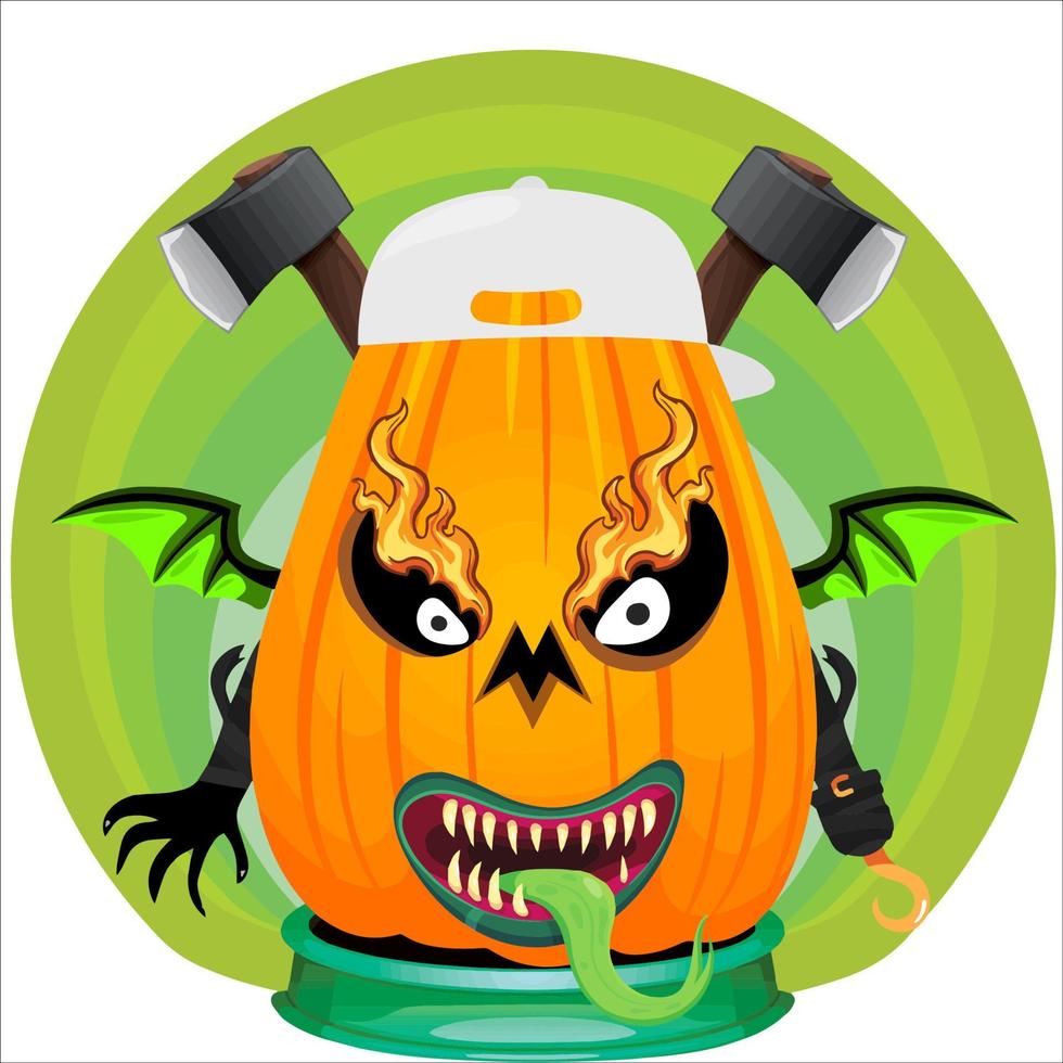 Creepy Party Halloween Pumpkin Head with Weapon in the Behind. Halloween Pumpkin Face. Suitable for E Sport Logo, T Shirt and Others vector