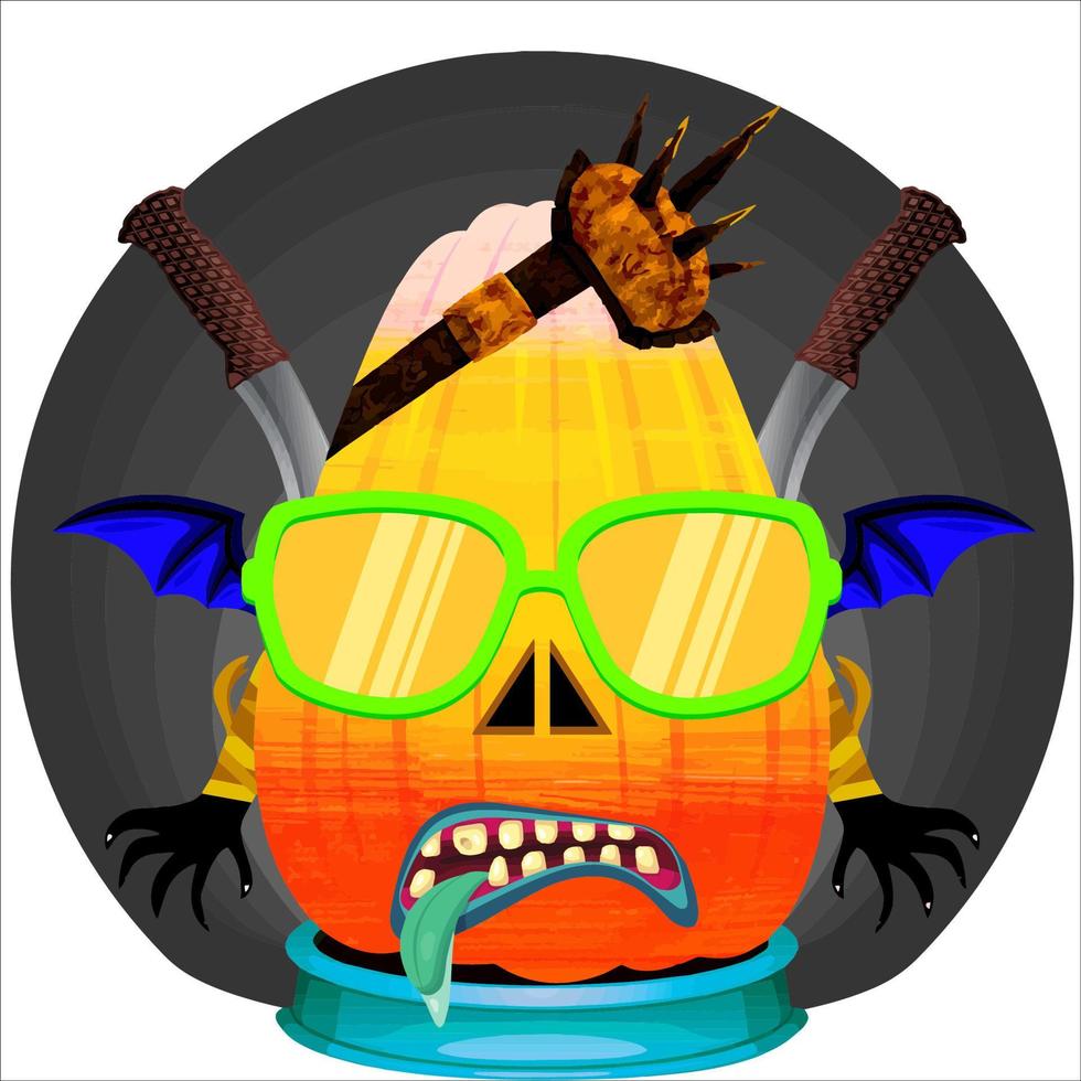 Creepy Party Halloween Pumpkin Head. Pumpkin Face with Weapon in the Behind. Suitable for E Sport Logo, T-Shirt and Others Print Stuff. vector