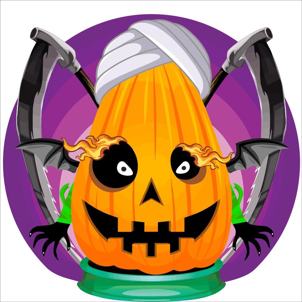 fiesta espeluznante cabeza de calabaza de halloween. cara de calabaza con arma en la espalda. adecuado para el logotipo del deporte electrónico, la camiseta y otras cosas impresas. vector