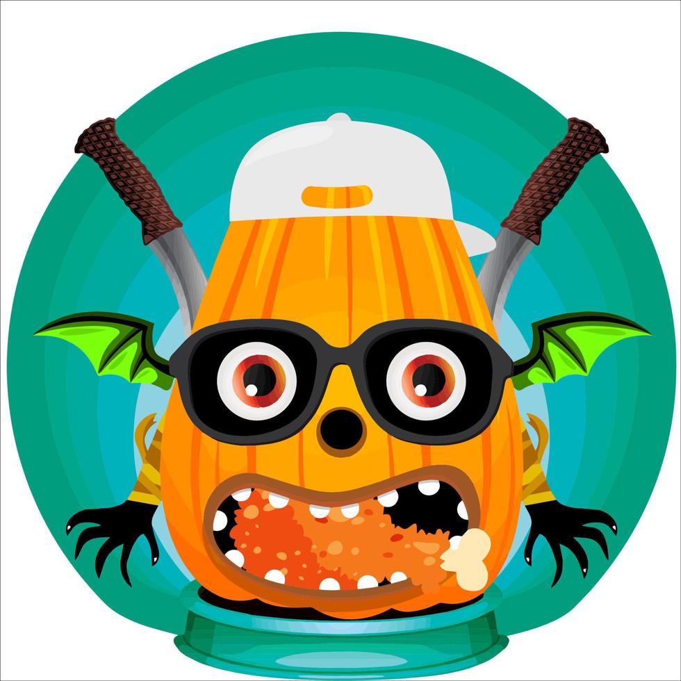 Creepy Party Halloween Pumpkin Head. Pumpkin Face with Weapon in the Behind. Suitable for E Sport Logo, T-Shirt and Others Print Stuff. vector