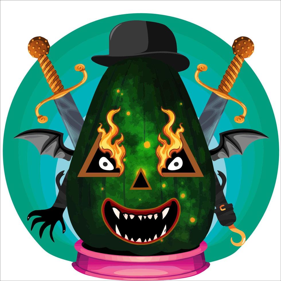 Creepy Party Halloween Pumpkin Head. Pumpkin Face with Weapon in the Behind. Suitable for E Sport Logo, T-Shirt and Others Print Stuff. vector