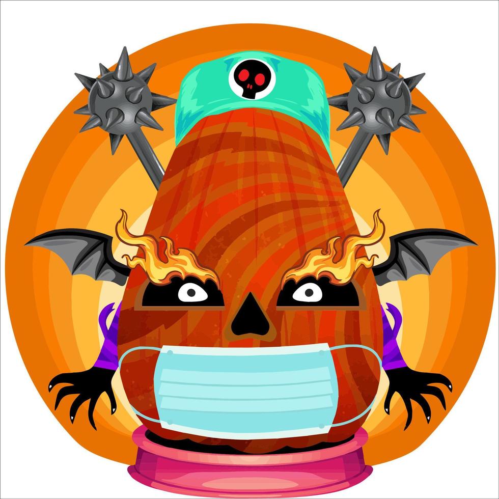 fiesta espeluznante cabeza de calabaza de halloween. cara de calabaza con arma en la espalda. adecuado para el logotipo del deporte electrónico, la camiseta y otras cosas impresas. vector