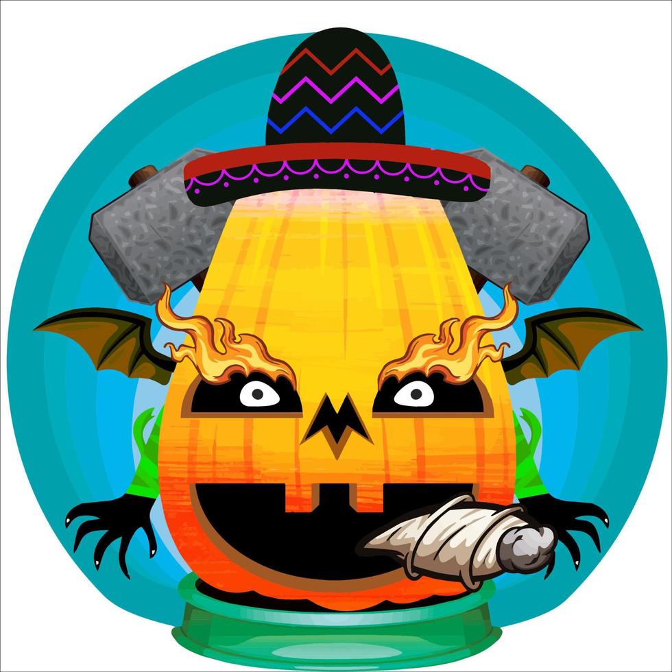 fiesta espeluznante cabeza de calabaza de halloween. cara de calabaza con arma en la espalda. adecuado para el logotipo del deporte electrónico, la camiseta y otras cosas impresas. vector