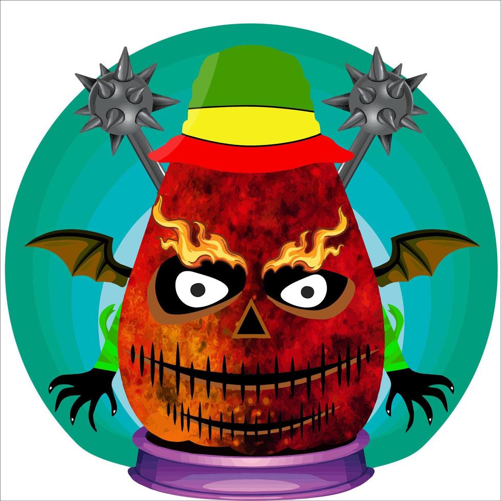 Creepy Party Halloween Pumpkin Head. Pumpkin Face with Weapon in the Behind. Suitable for E Sport Logo, T-Shirt and Others Print Stuff. vector