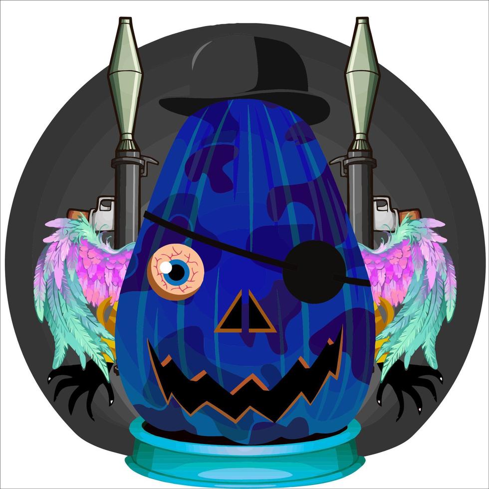 fiesta espeluznante cabeza de calabaza de halloween. cara de calabaza con arma en la espalda. adecuado para el logotipo del deporte electrónico, la camiseta y otras cosas impresas. vector