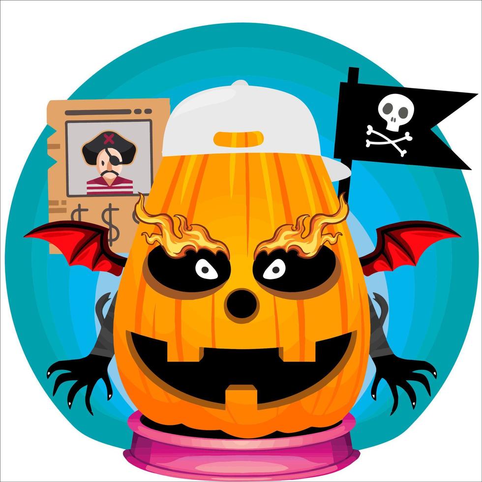 Creepy Party Halloween Pumpkin Head. Pumpkin Face with Weapon in the Behind. Suitable for E Sport Logo, T-Shirt and Others Print Stuff. vector
