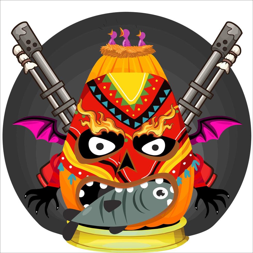 Creepy Party Halloween Pumpkin Head. Pumpkin Face with Weapon in the Behind. Suitable for E Sport Logo, T-Shirt and Others Print Stuff. vector