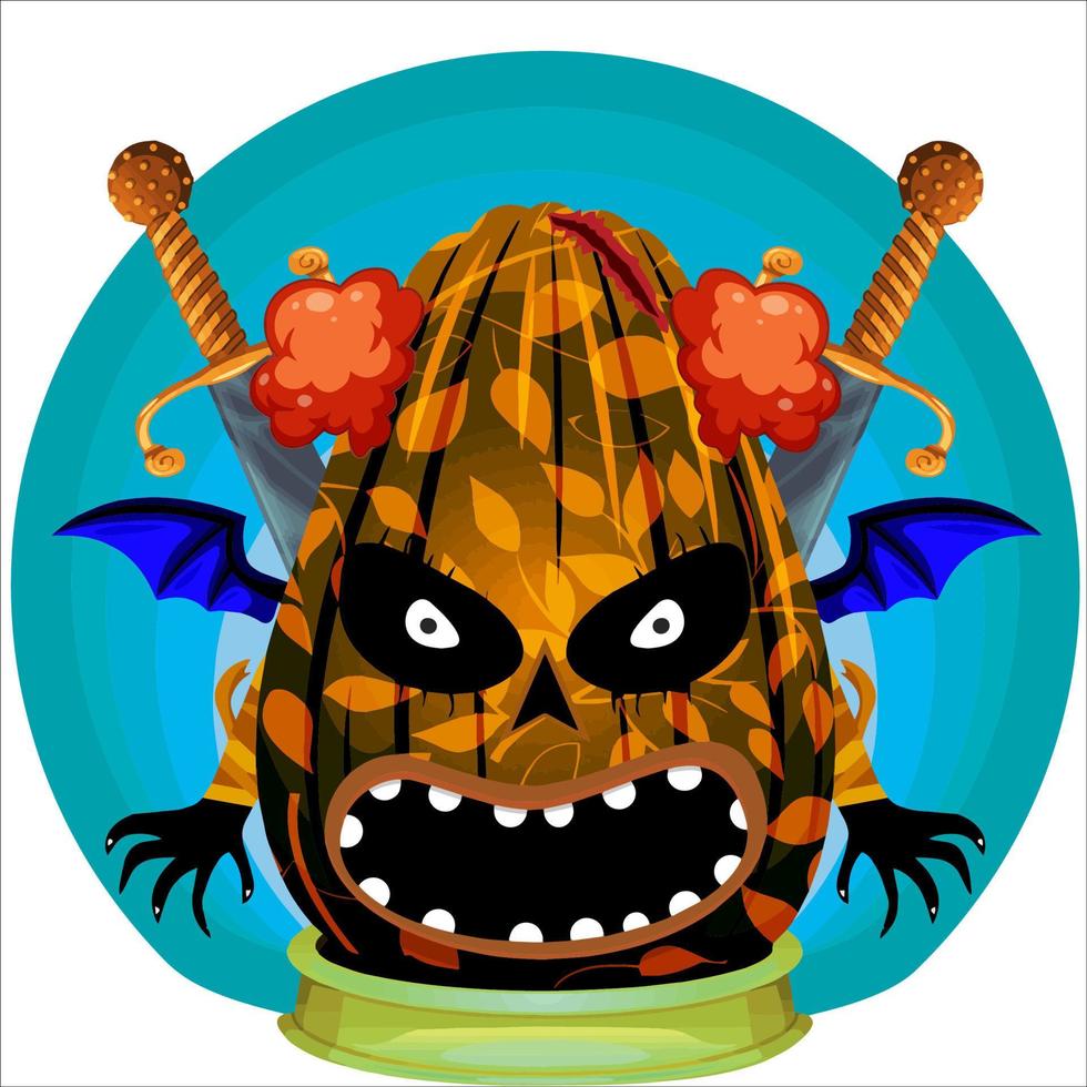 Creepy Party Halloween Pumpkin Head. Pumpkin Face with Weapon in the Behind. Suitable for E Sport Logo, T-Shirt and Others Print Stuff. vector