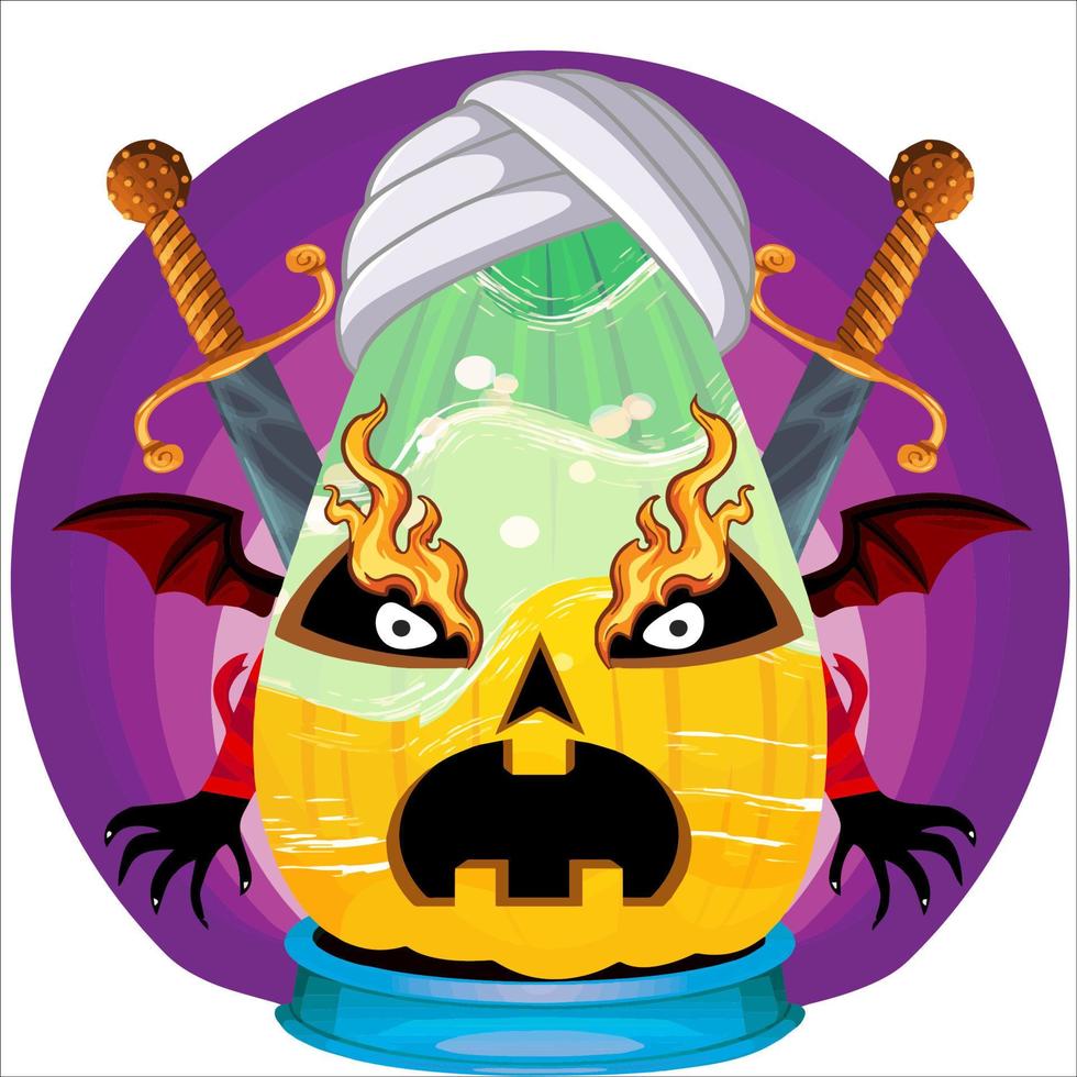 Creepy Party Halloween Pumpkin Head. Pumpkin Face with Weapon in the Behind. Suitable for E Sport Logo, T-Shirt and Others Print Stuff. vector