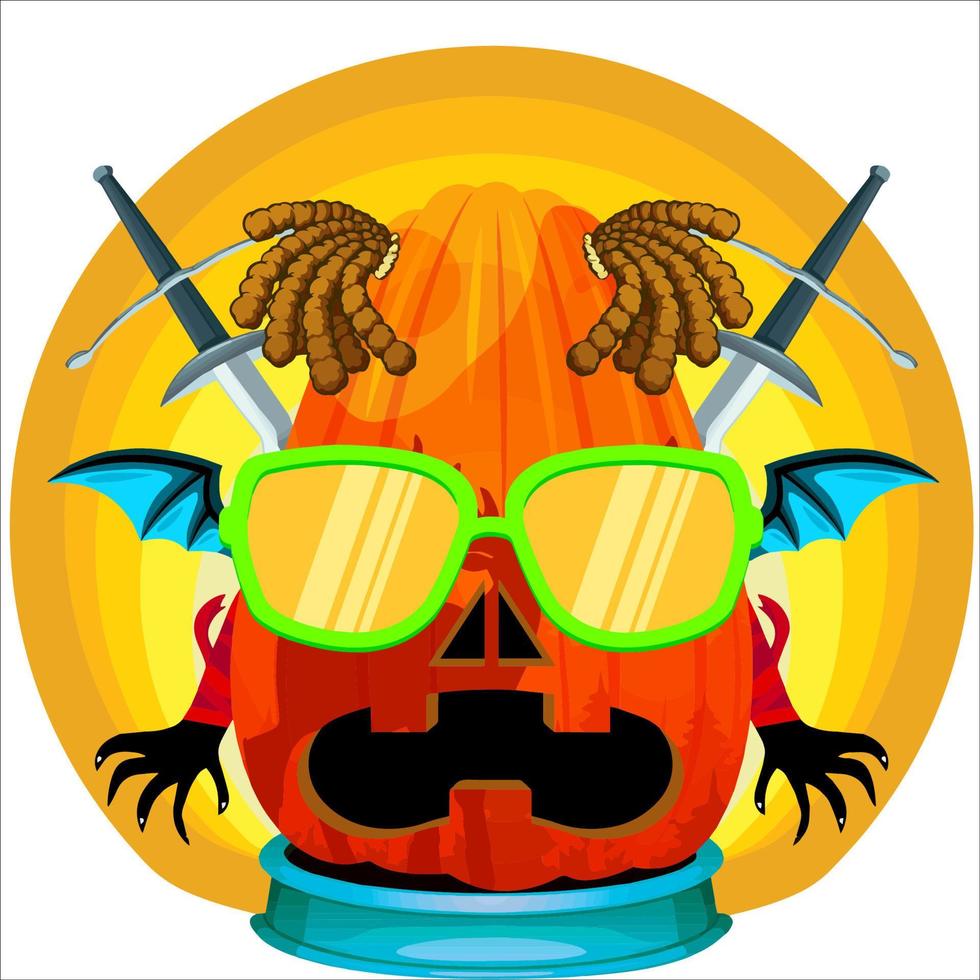 Creepy Party Halloween Pumpkin Head. Pumpkin Face with Weapon in the Behind. Suitable for E Sport Logo, T-Shirt and Others Print Stuff. vector