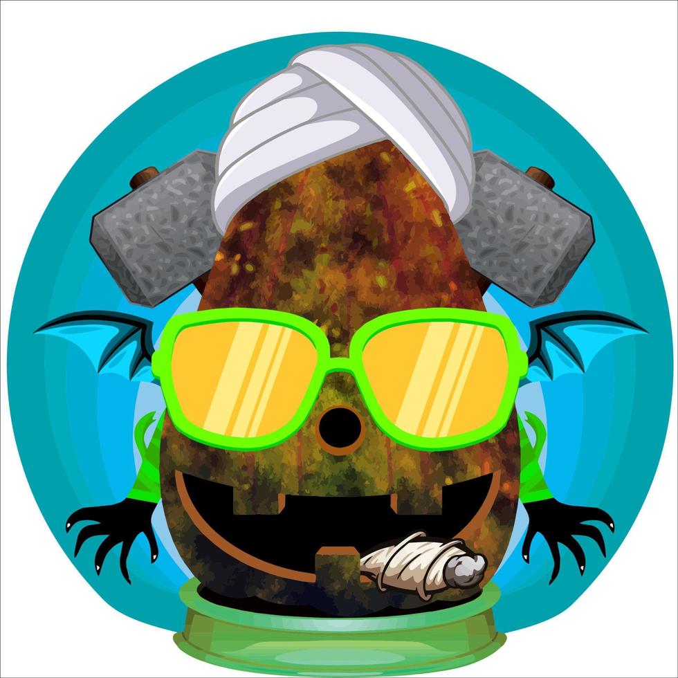 fiesta espeluznante cabeza de calabaza de halloween. cara de calabaza con arma en la espalda. adecuado para el logotipo del deporte electrónico, la camiseta y otras cosas impresas. vector